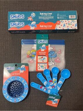 The Smurfs Baking Liner, Snack Bags, Measuring Spoons, Sink Strainer NEW